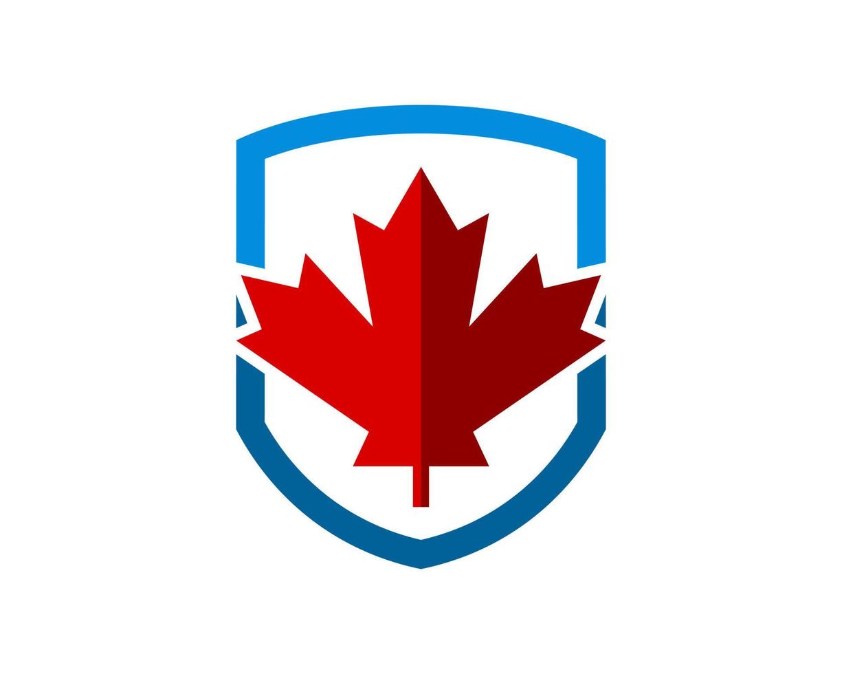 Simple shield with red maple leaf inside vector