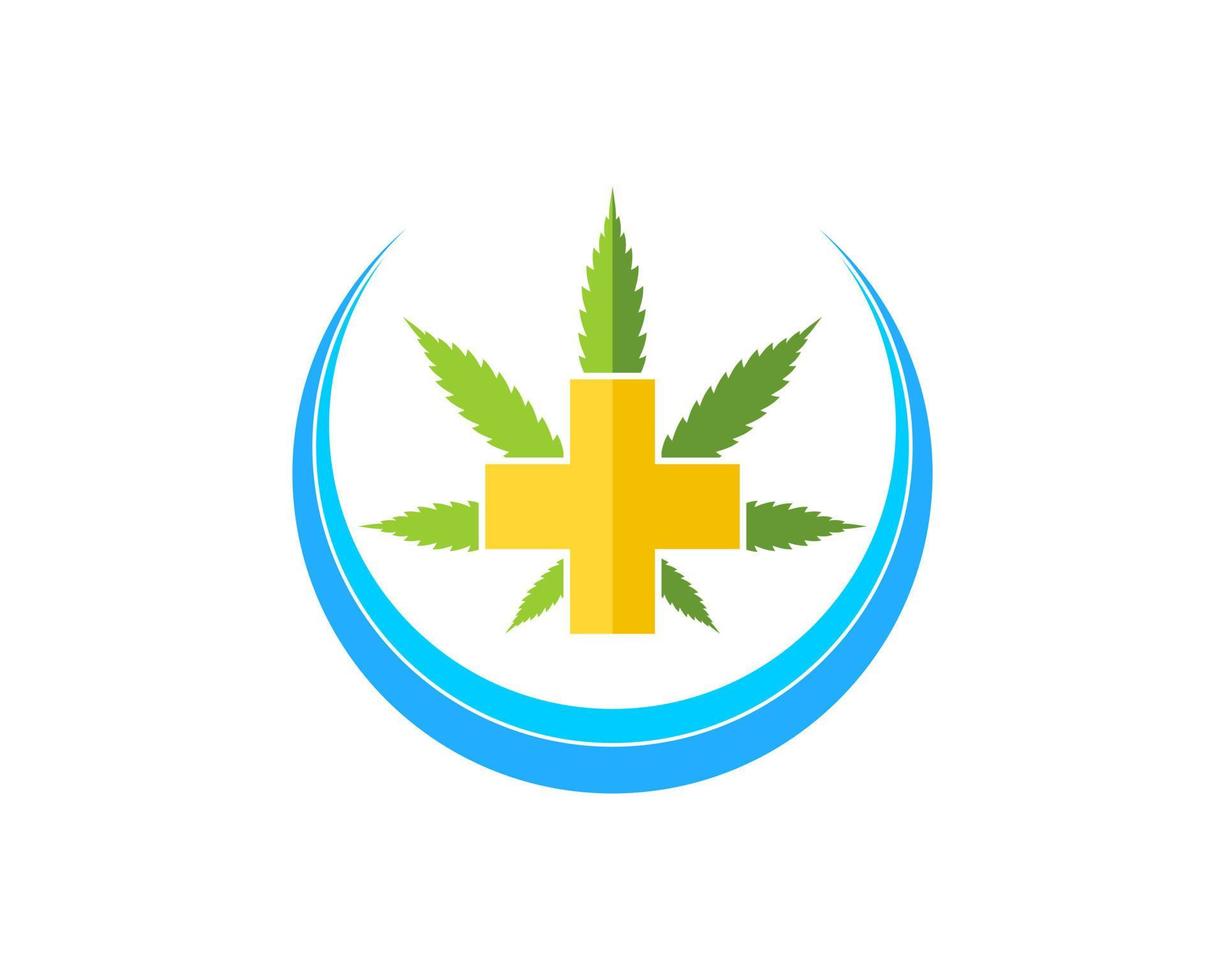Circular swoosh with cannabis leaf and medical cross inside vector