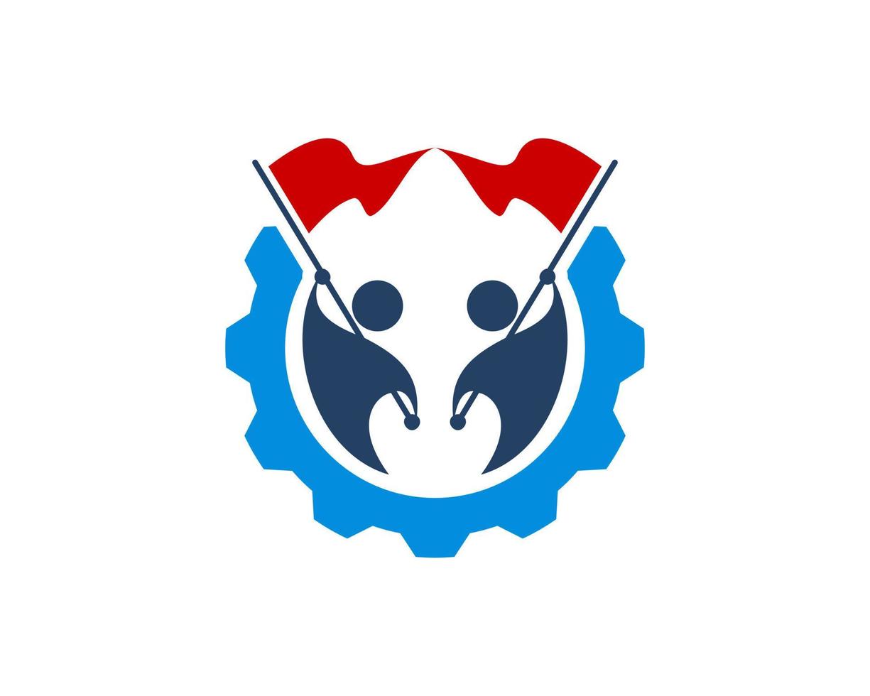 Mechanical gear with twin people with flag inside vector