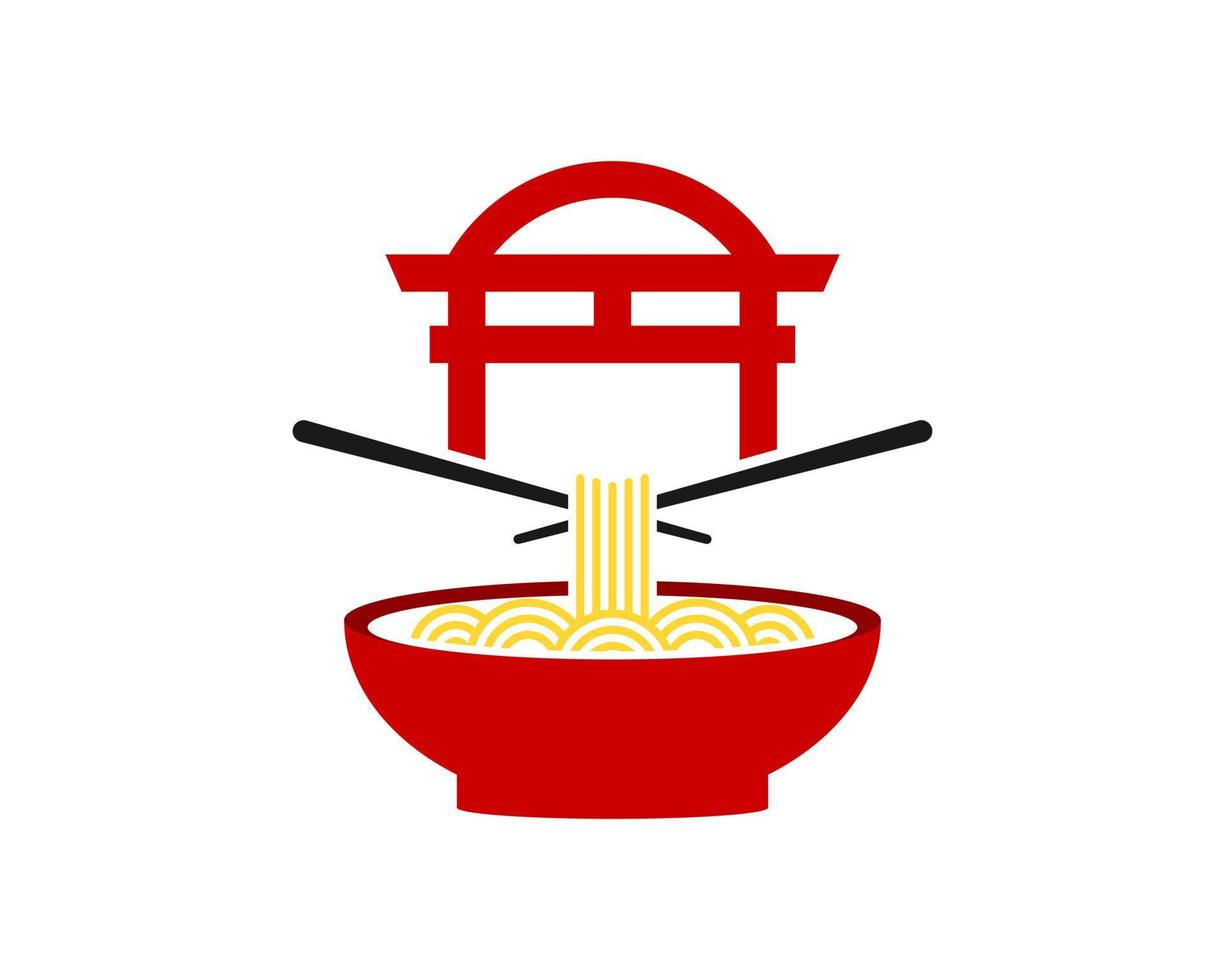 Red bowl with noodle and chinese gate on the top vector