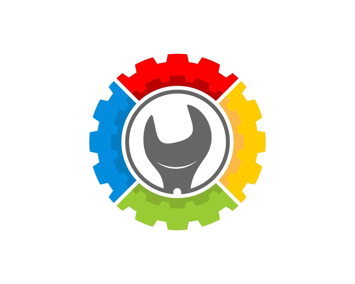 Rainbow mechanical gear with repair wrench inside vector