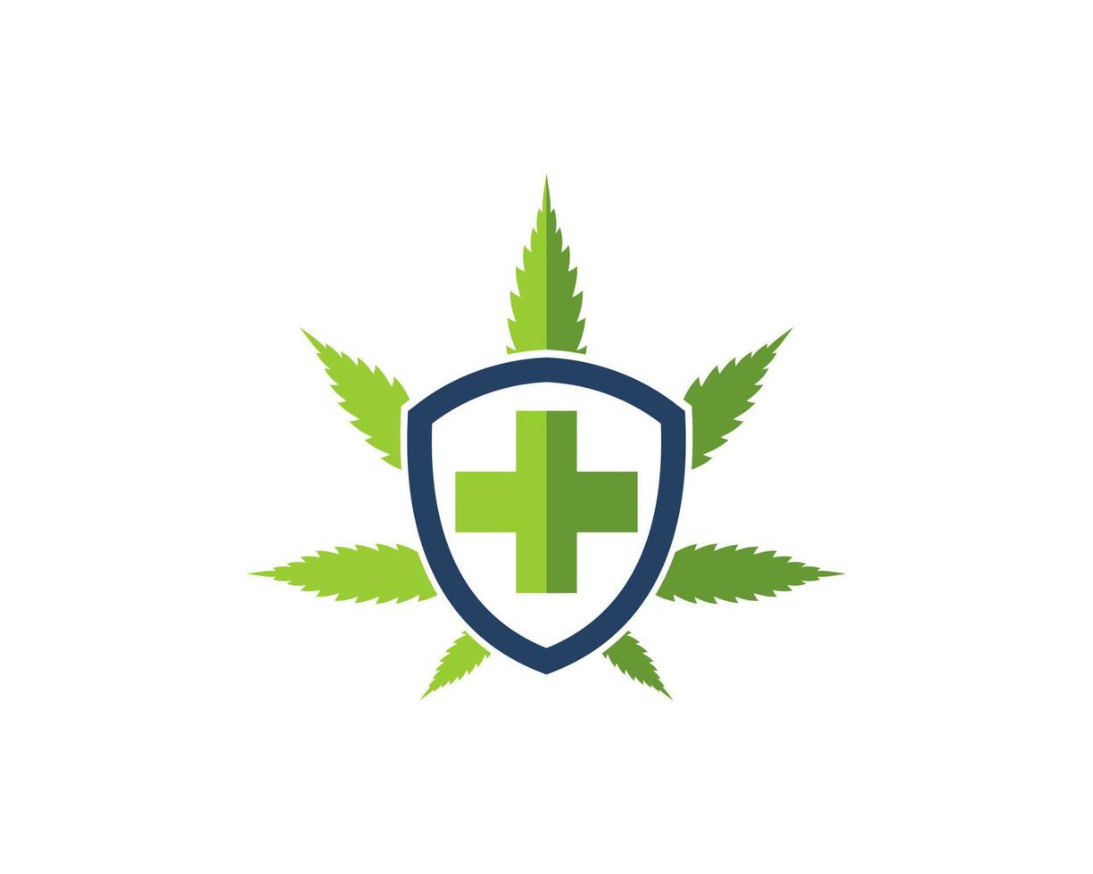 Cannabis leaf with shield and medical cross inside vector