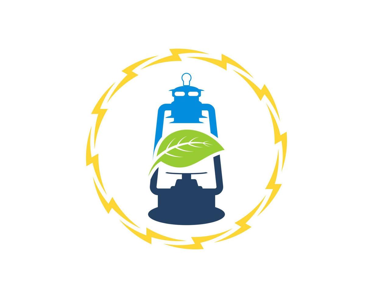 Rayo eléctrico circular con linterna y hoja. vector