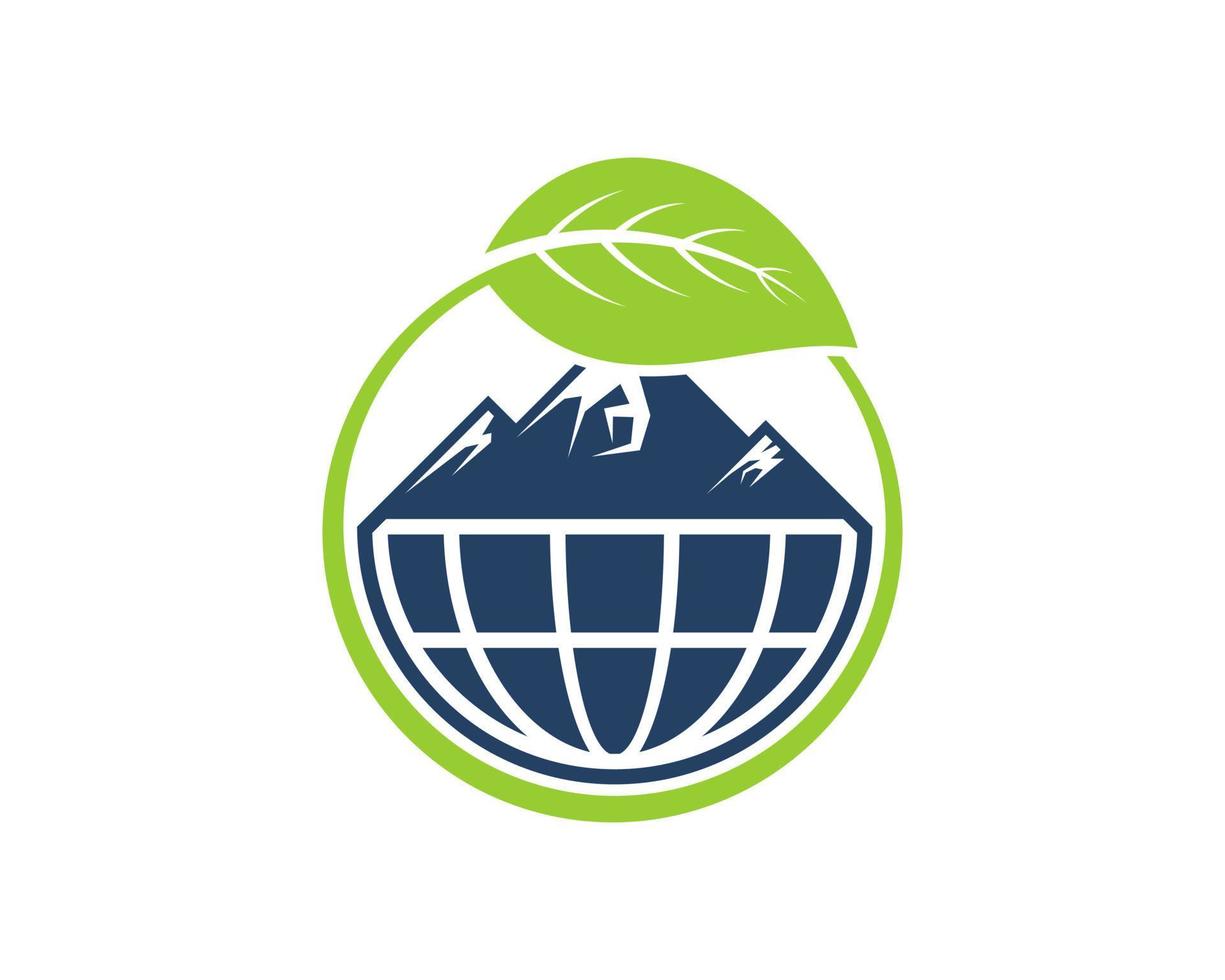 Circular nature leaf with mountain and abstract globe inside vector