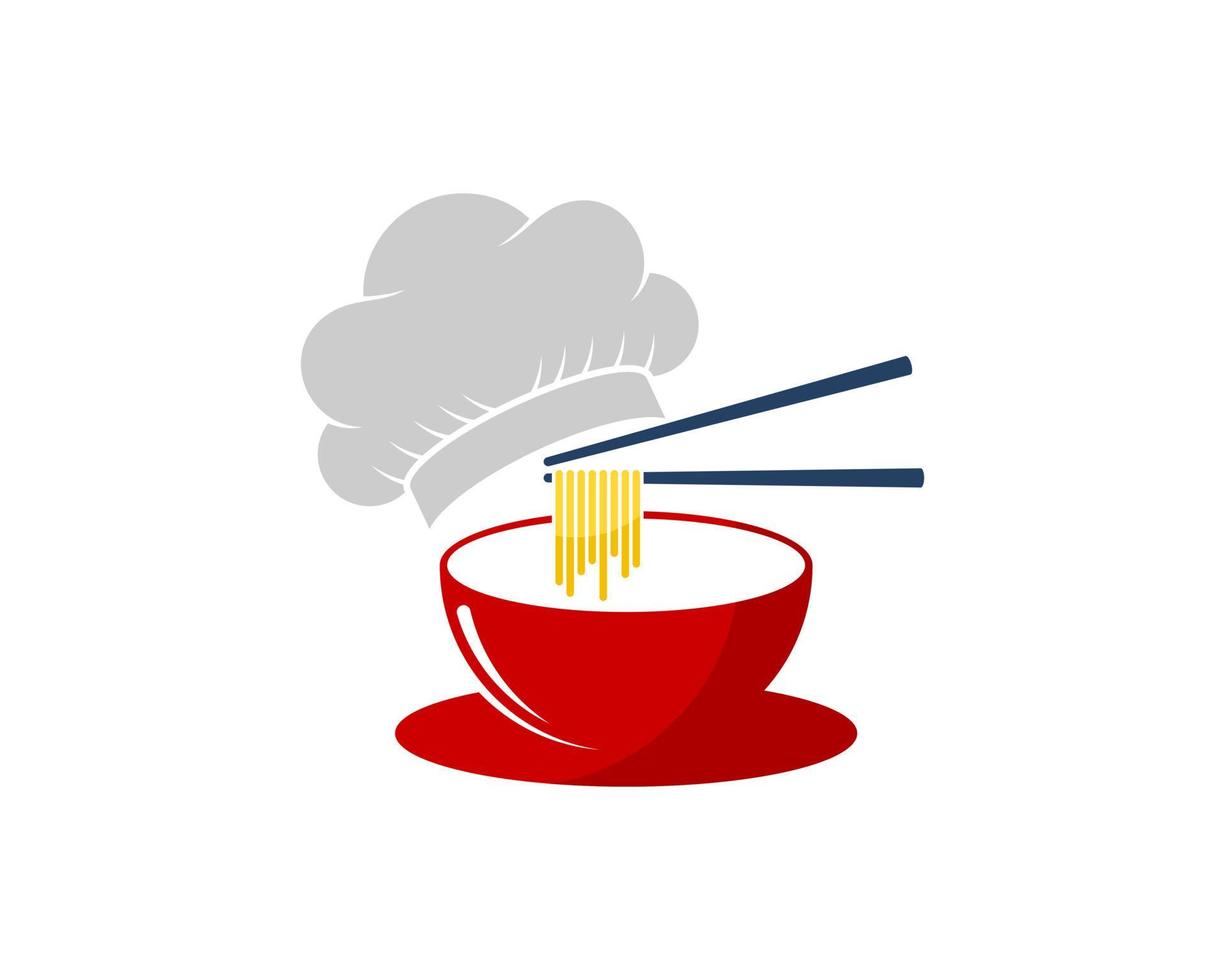 Red bowl with noodle and chopstick and chef hat vector