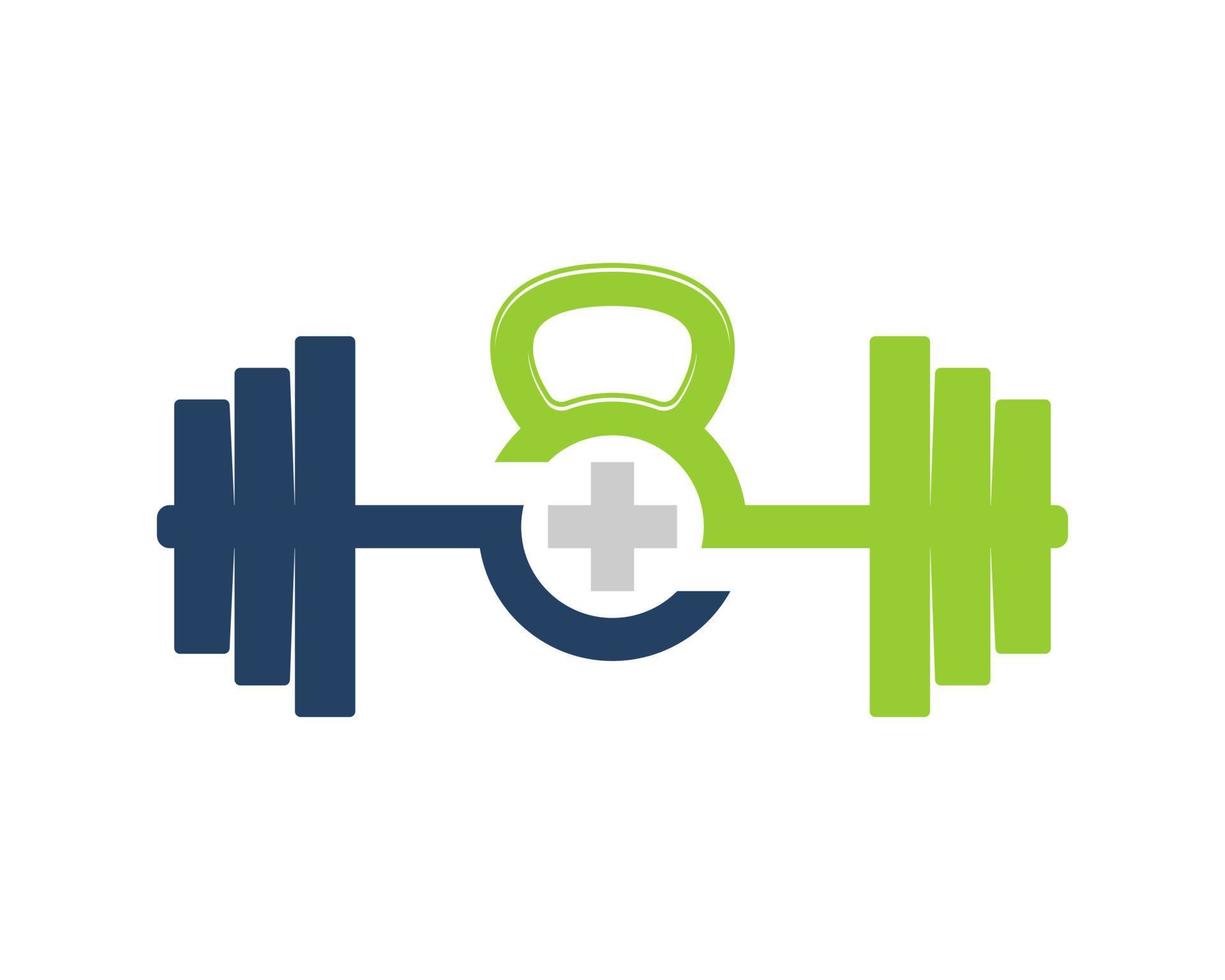 Gym barbell with kettle bell and medical cross symbol inside vector