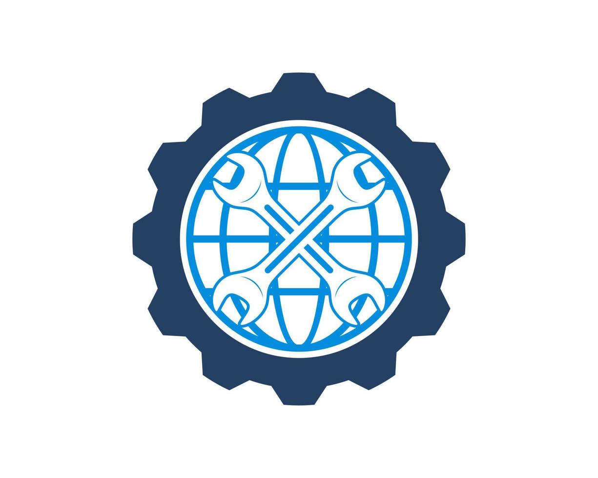 Mechanical gear with abstract globe and repair wrench inside vector
