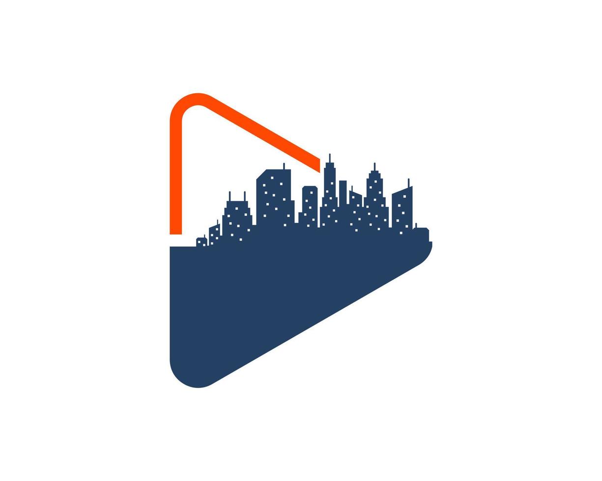 Media play button with silhouette of city building inside vector