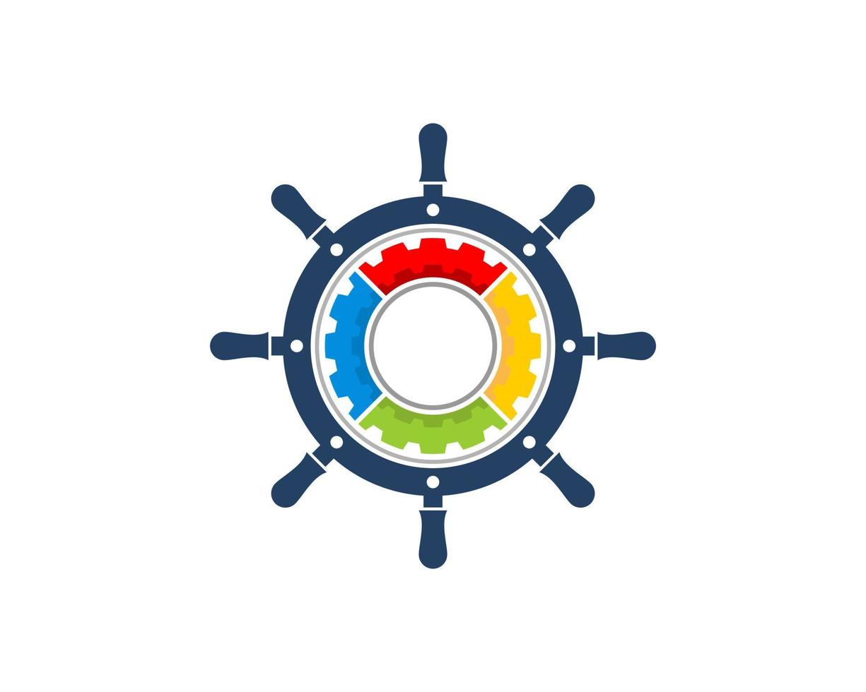 Ship steering wheel with rainbow gear inside vector