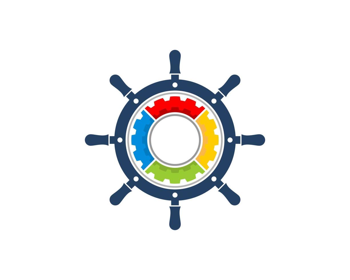 Ship steering wheel with rainbow gear inside vector