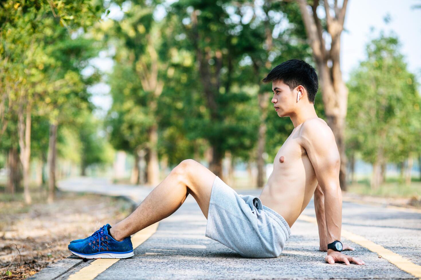 Men warm up before and after exercising photo