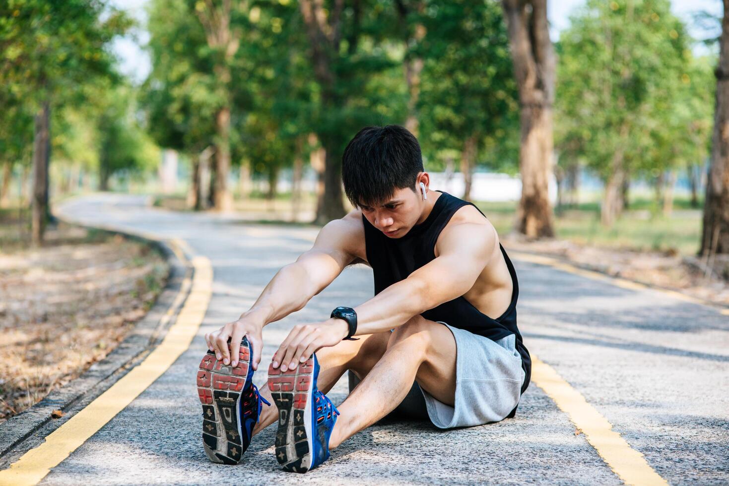 Men warm up before and after exercising photo