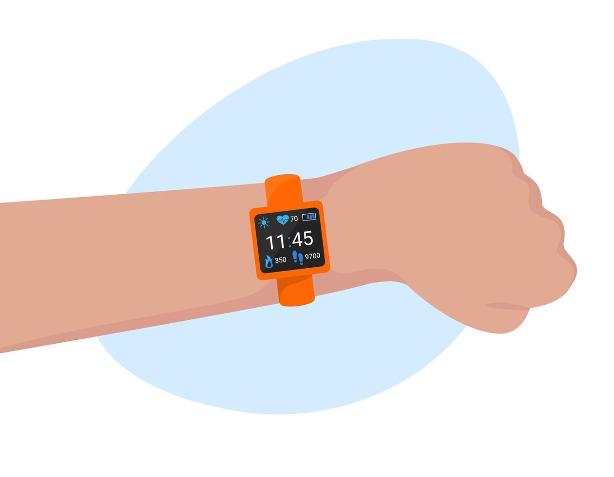 reloj inteligente en la mano vista superior aislada. pulsera de fitness, pulsera inteligente que muestra el tiempo, indicadores de pulso, pasos y calorías en pantalla. vector ilustración plana