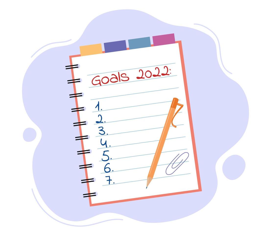 Goals for 2022 written on notepad isolated. Target list template. Planning, motivation for new year. Vector illustration