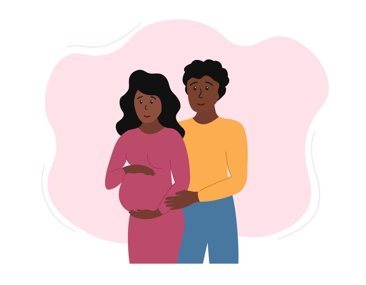 pareja embarazada. feliz casada mujer embarazada afroamericana y abrazando a su hombre. futura mamá y papá pareja. vector ilustración plana