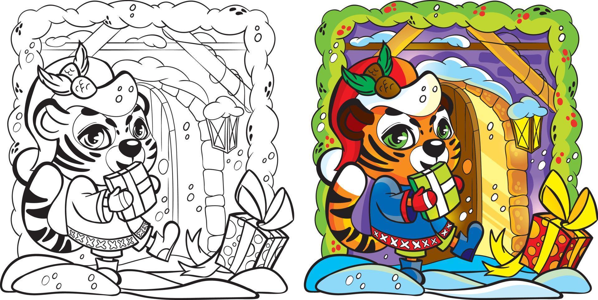 a cute New Year's tiger in a hat stands near the porch decorated entrance and open door. illustration and coloring book. picture without color and bright illustration. vector