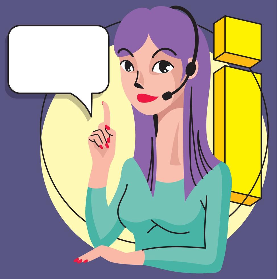 a girl with a headset - headphones and a microphone, gives information. manager, phone call vector