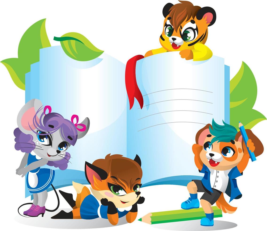 lindos animales alrededor de un cuaderno abierto con páginas en blanco: perro, ratón, zorro, tigre. escuela primaria, jardín de infancia. ilustracion infantil vector