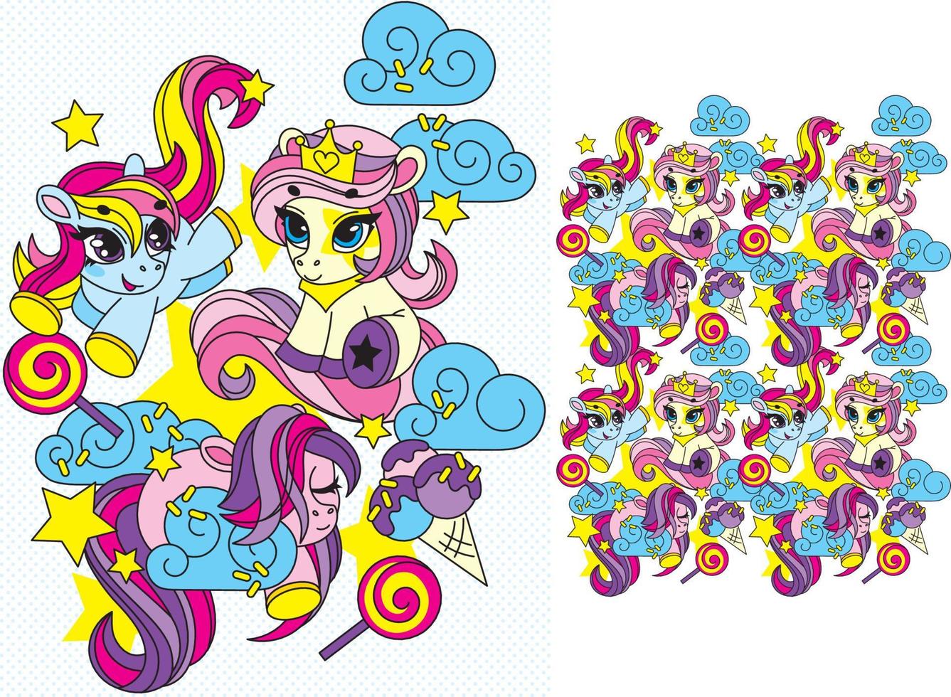 cute ponies frolic and sleep on the clouds. cute baby illustration texture for scrapbooking or fabric. vector