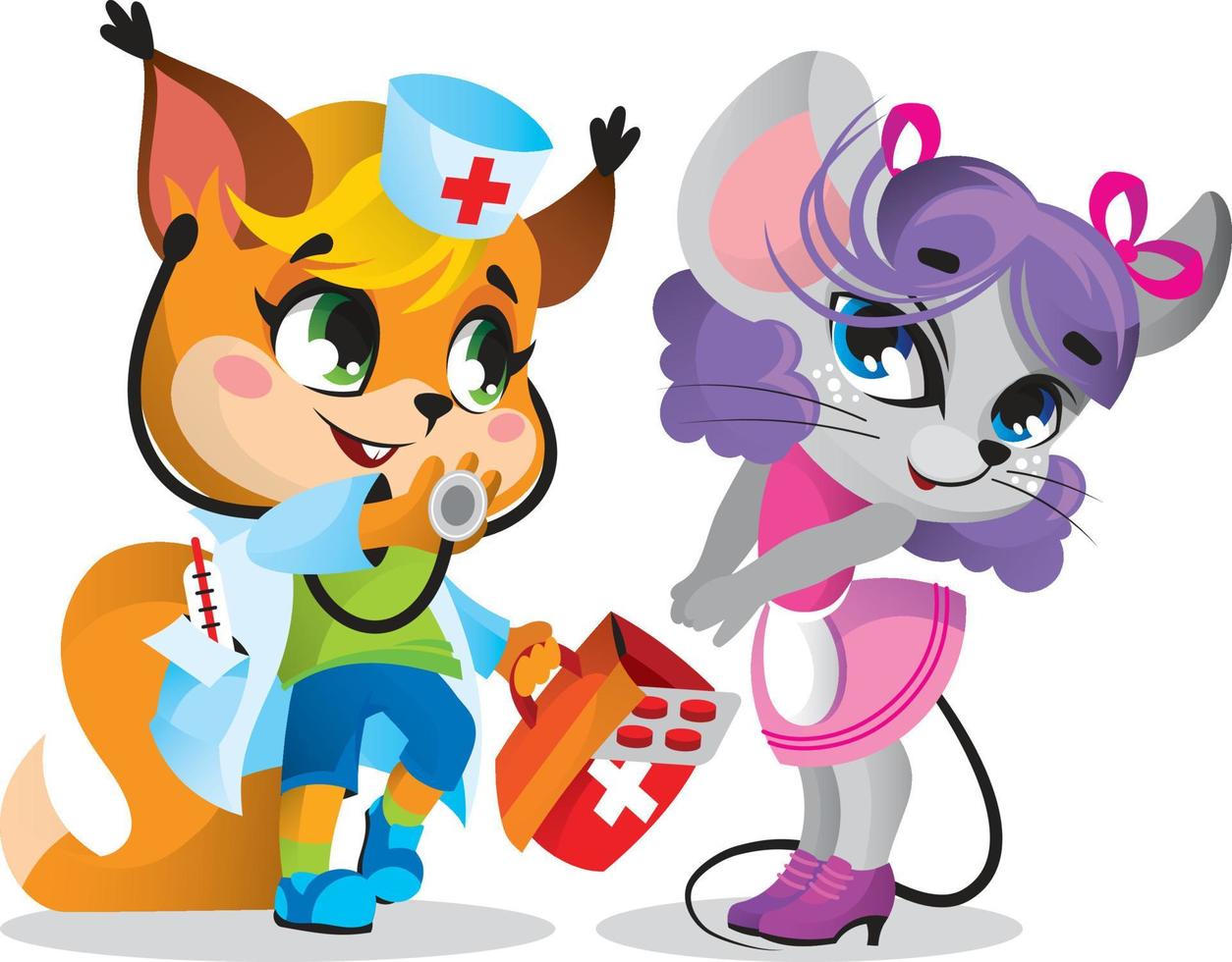 animals play in the profession. squirrel doctor - doctor's suit,  stethoscope, pills, thermometer, examines the patient's mouse. childrens  illustration 4891543 Vector Art at Vecteezy