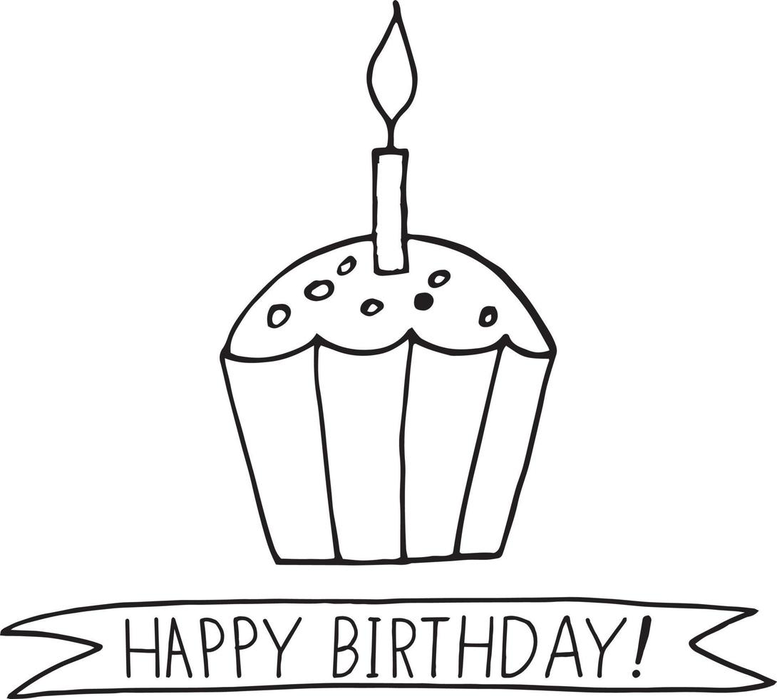 cupcake with candle and lettering happy birthday. greeting card template. hand drawn doodle style.  minimalism, monochrome, sketch. food, sweets, dessert birthday holiday vector