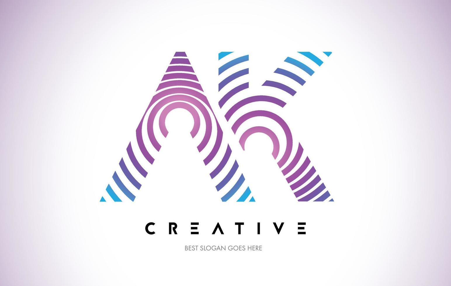 AK Lines Warp Logo Design. Letter Icon Made with Purple Circular Lines. vector