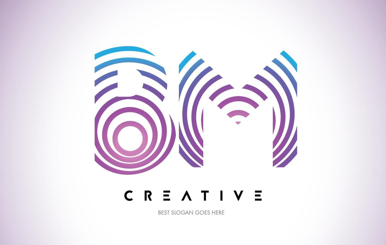 BM Lines Warp Logo Design. Letter Icon Made with Purple Circular Lines. vector