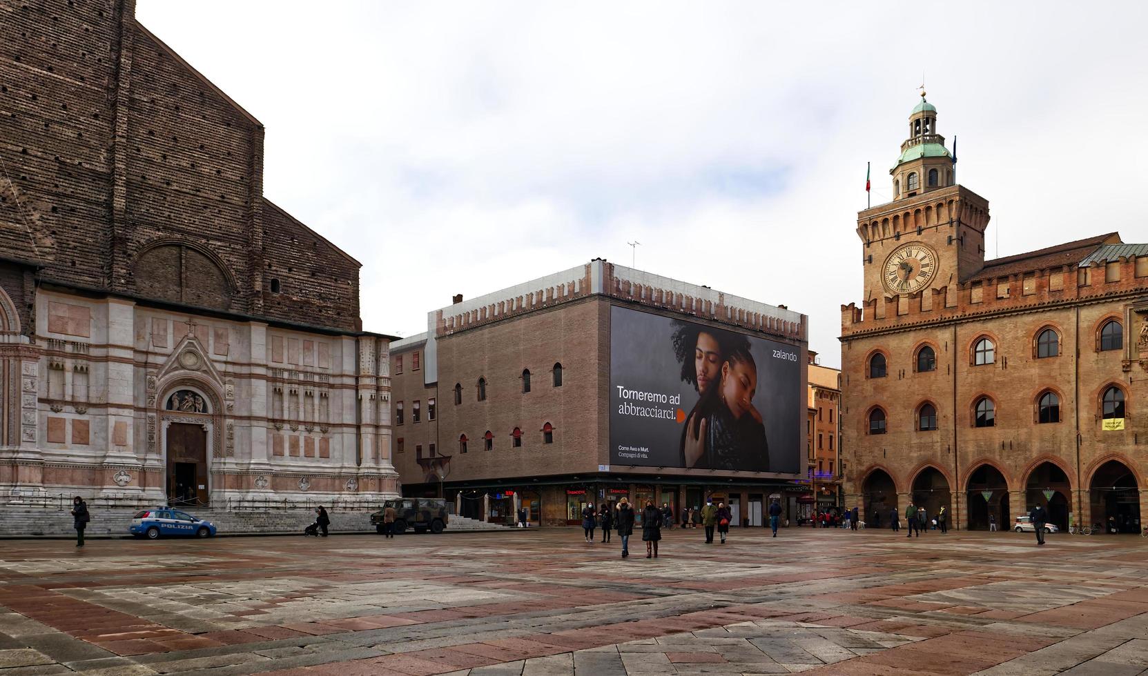 Bologna, Italy, 2020 -  Billboard of Zalando, We will come back to hug each other in Piazza Maggiore, Bologna, Italy photo
