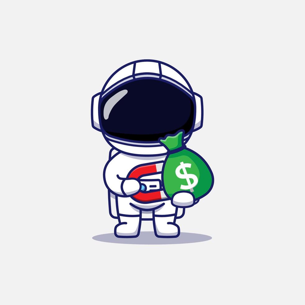 Cute astronaut gets a bag of money with a magnet vector