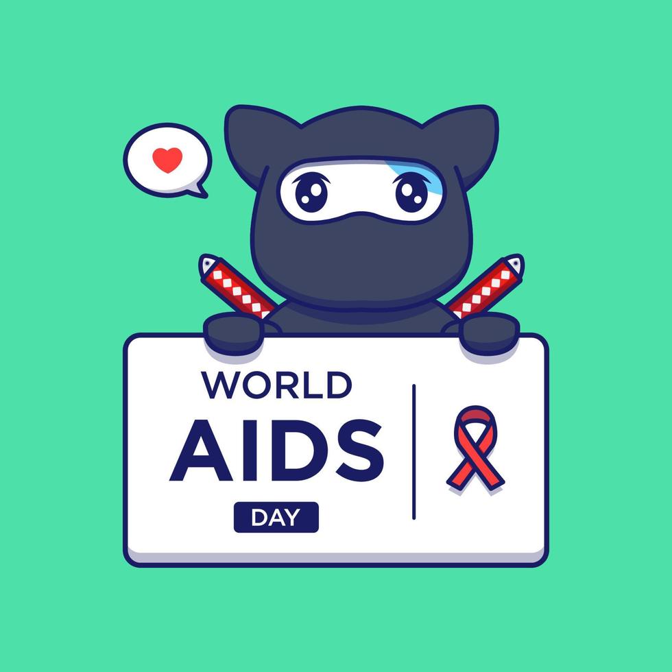 Cute ninja cat with world aids day banner vector