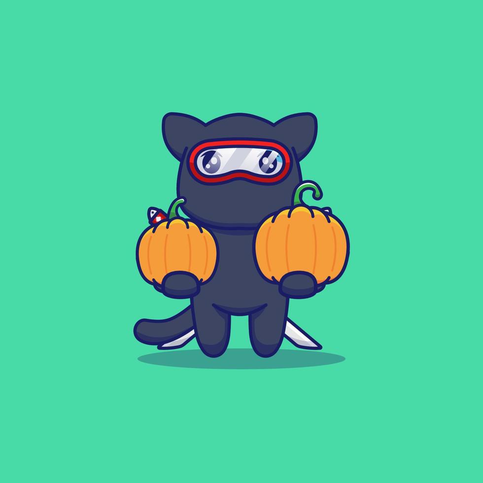 lindo gato ninja llevando calabaza vector