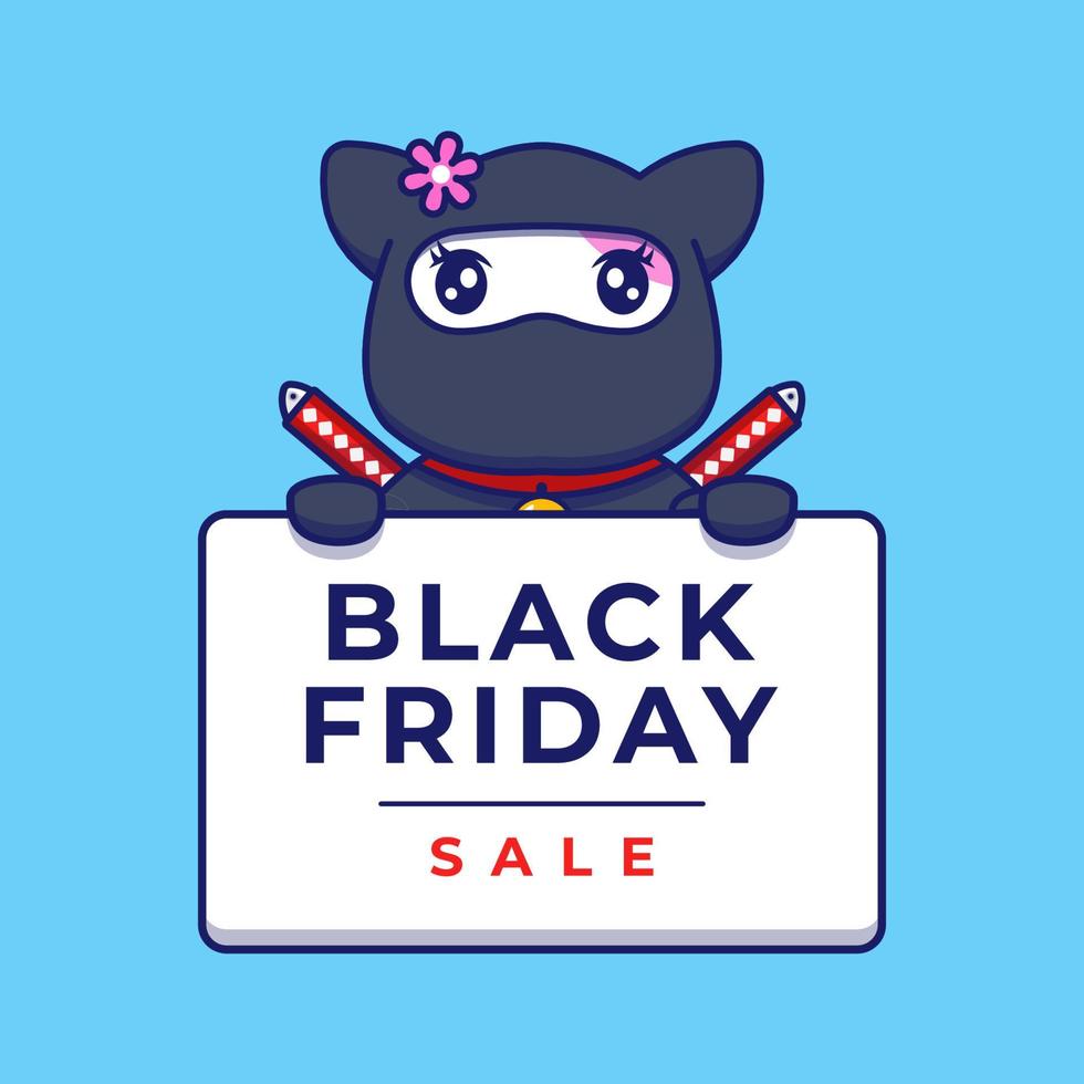 Cute ninja cat carrying black friday sale banner vector