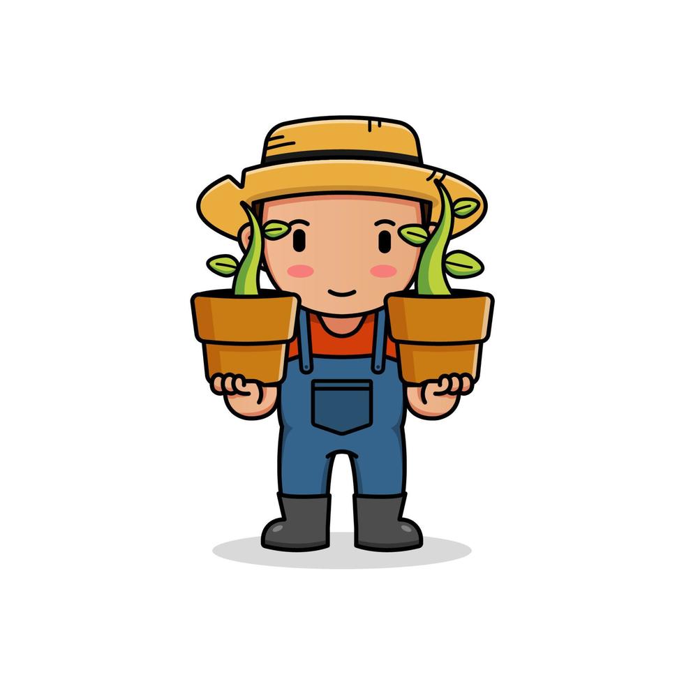 Cute farmer carrying plant in pot vector