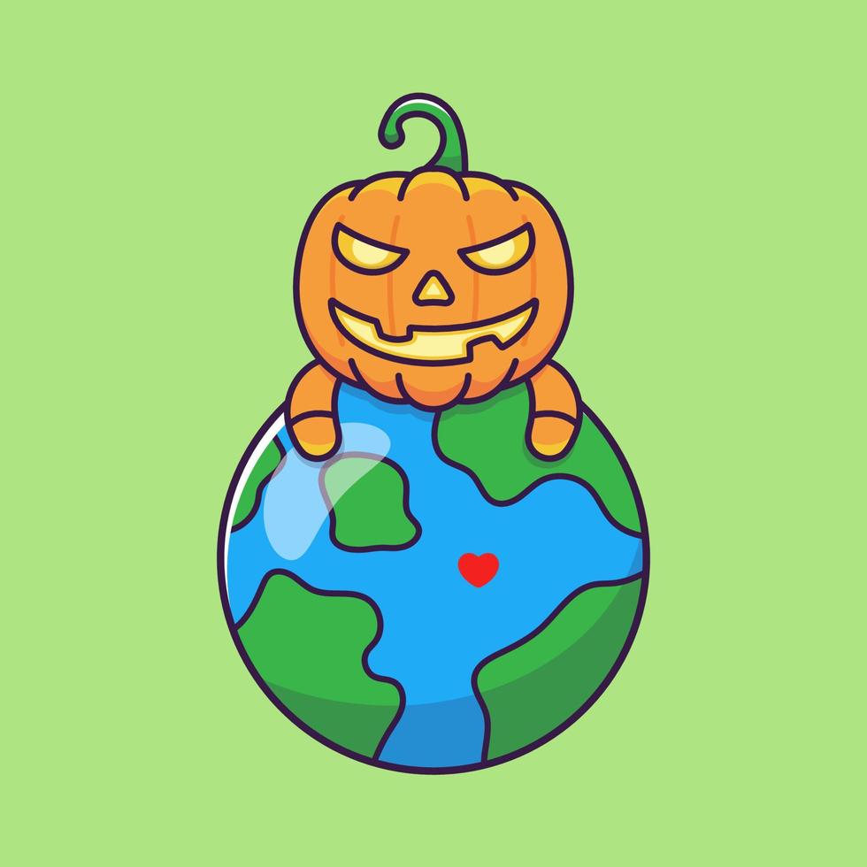 Cute pumpkin monster hugging planet earth vector