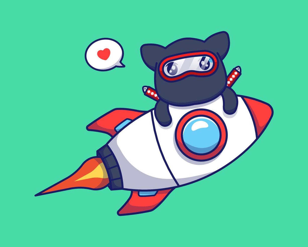 Cute ninja cat on flying rocket vector