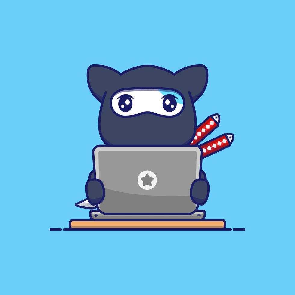 lindo gato ninja trabajando con laptop vector