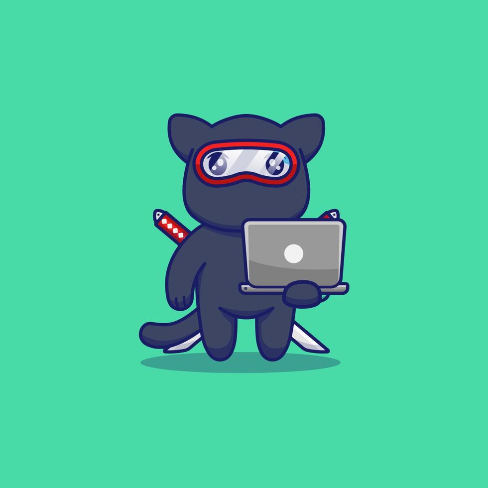 Cute ninja cat carrying laptop vector