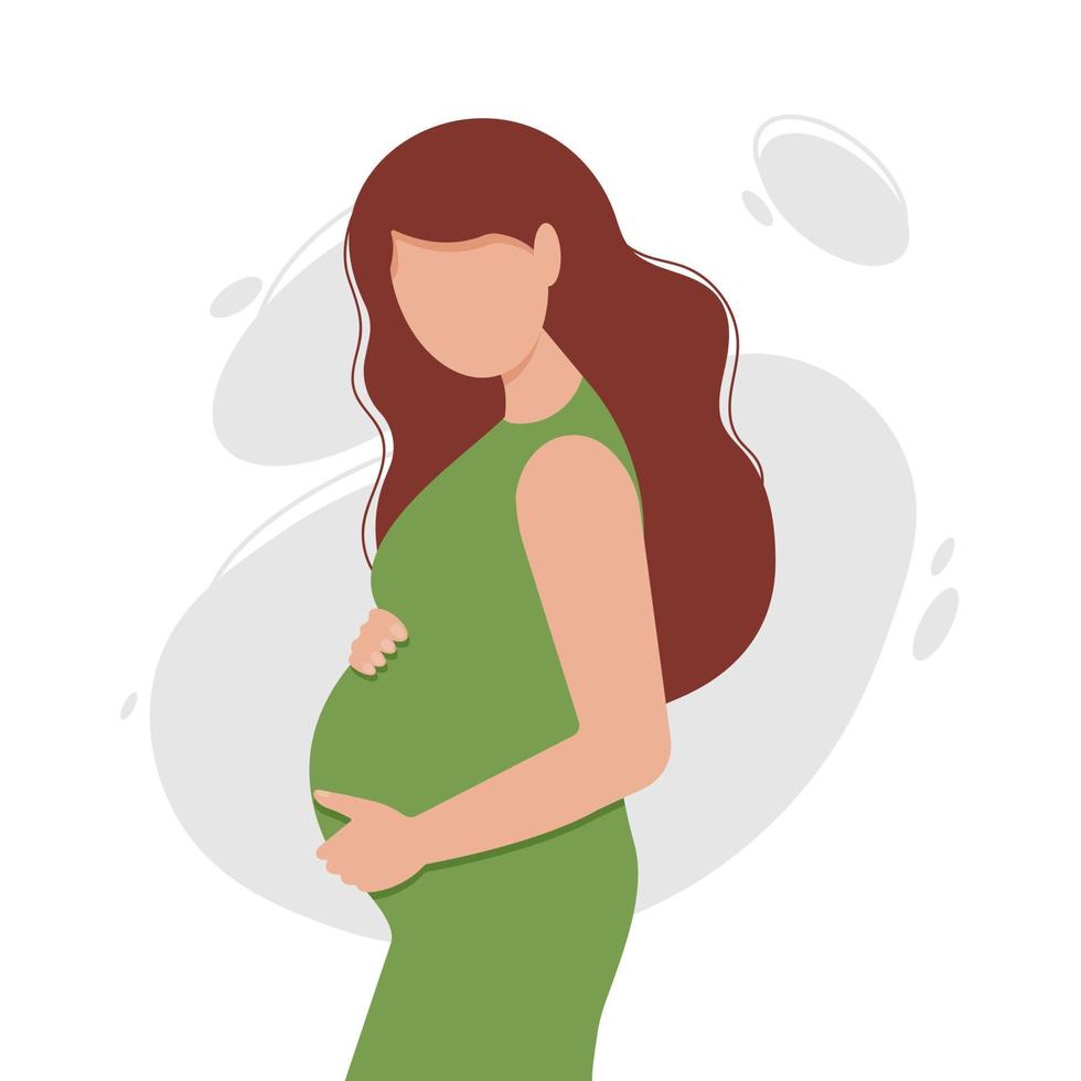 mujer joven embarazada en vestido sosteniendo sus manos sobre su vientre. concepto de embarazo, maternidad y maternidad. ilustración vectorial plana. vector