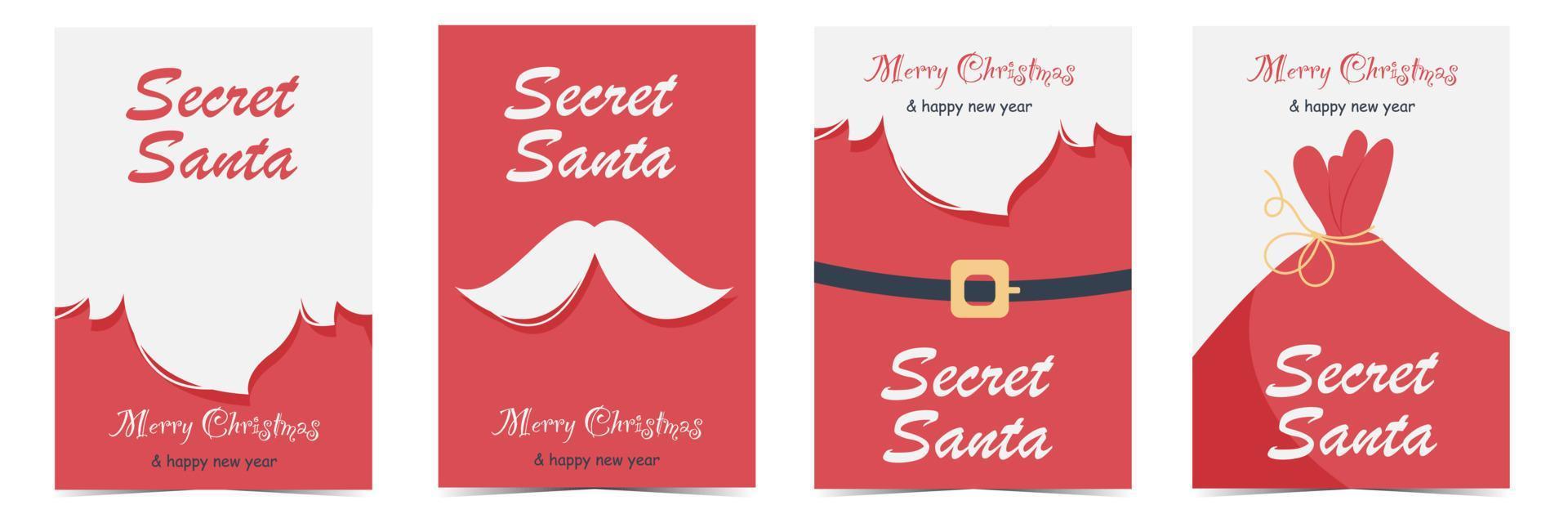 Secret Santa Claus cards set. Merry Christmas and Happy New Year banner  template or invitation with white beard and moustache, red Santa suit and  bag with gifts. Flat vector illustration. 4892189 Vector
