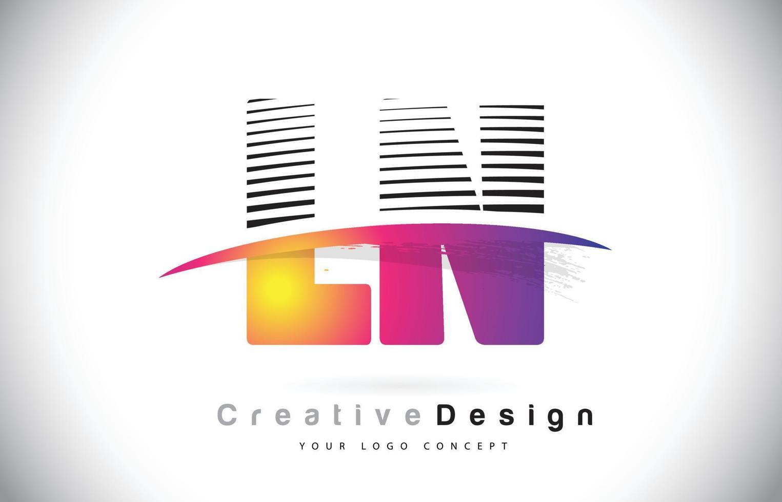 ln ln diseño de logotipo de letra con líneas creativas y swosh en color de pincel morado. vector