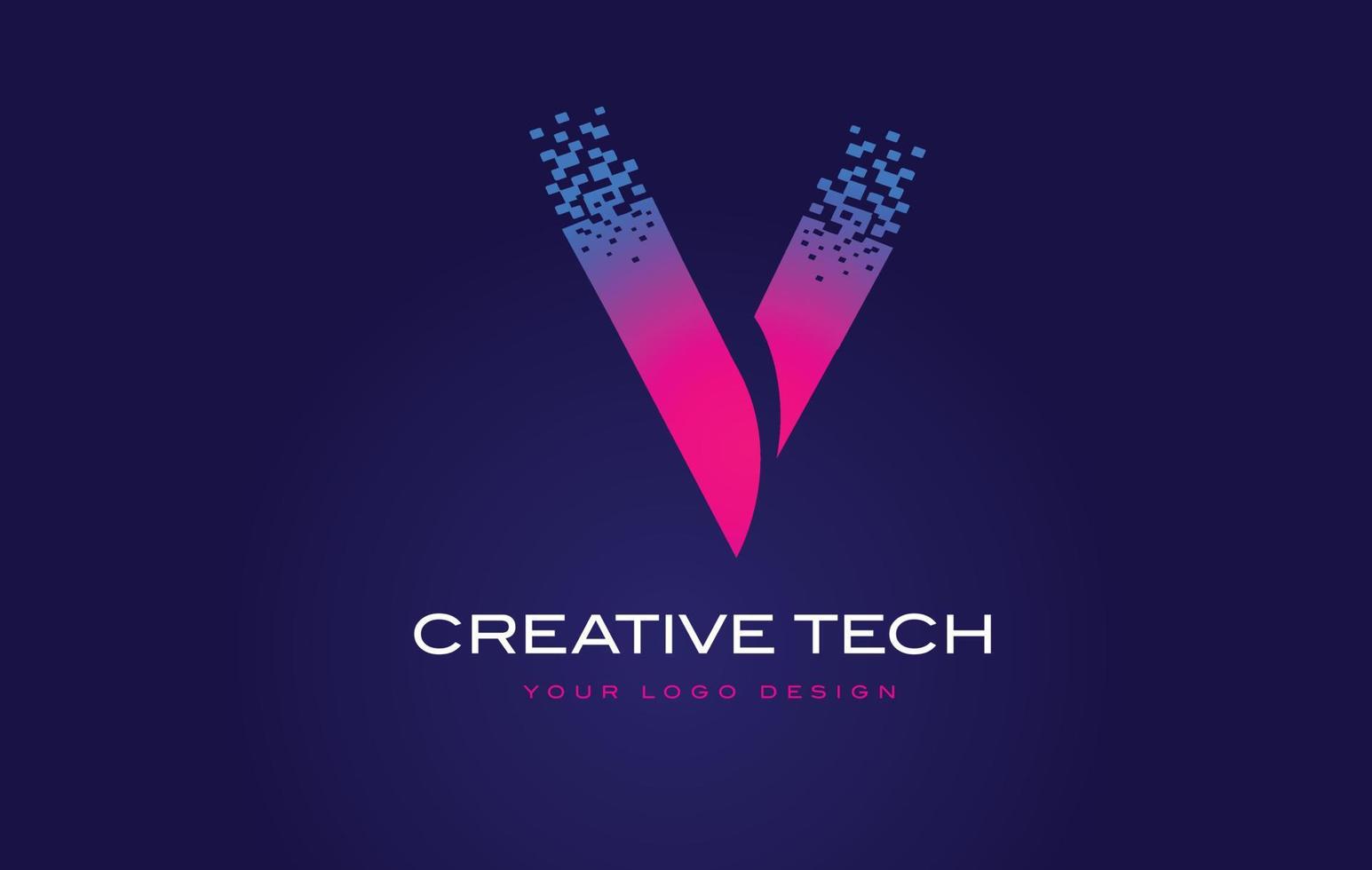 V Initial Letter Logo Design with Digital Pixels in Blue Purple Colors. vector