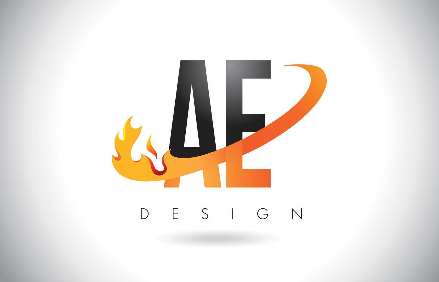 AE A D Letter Logo with Fire Flames Design and Orange Swoosh. vector