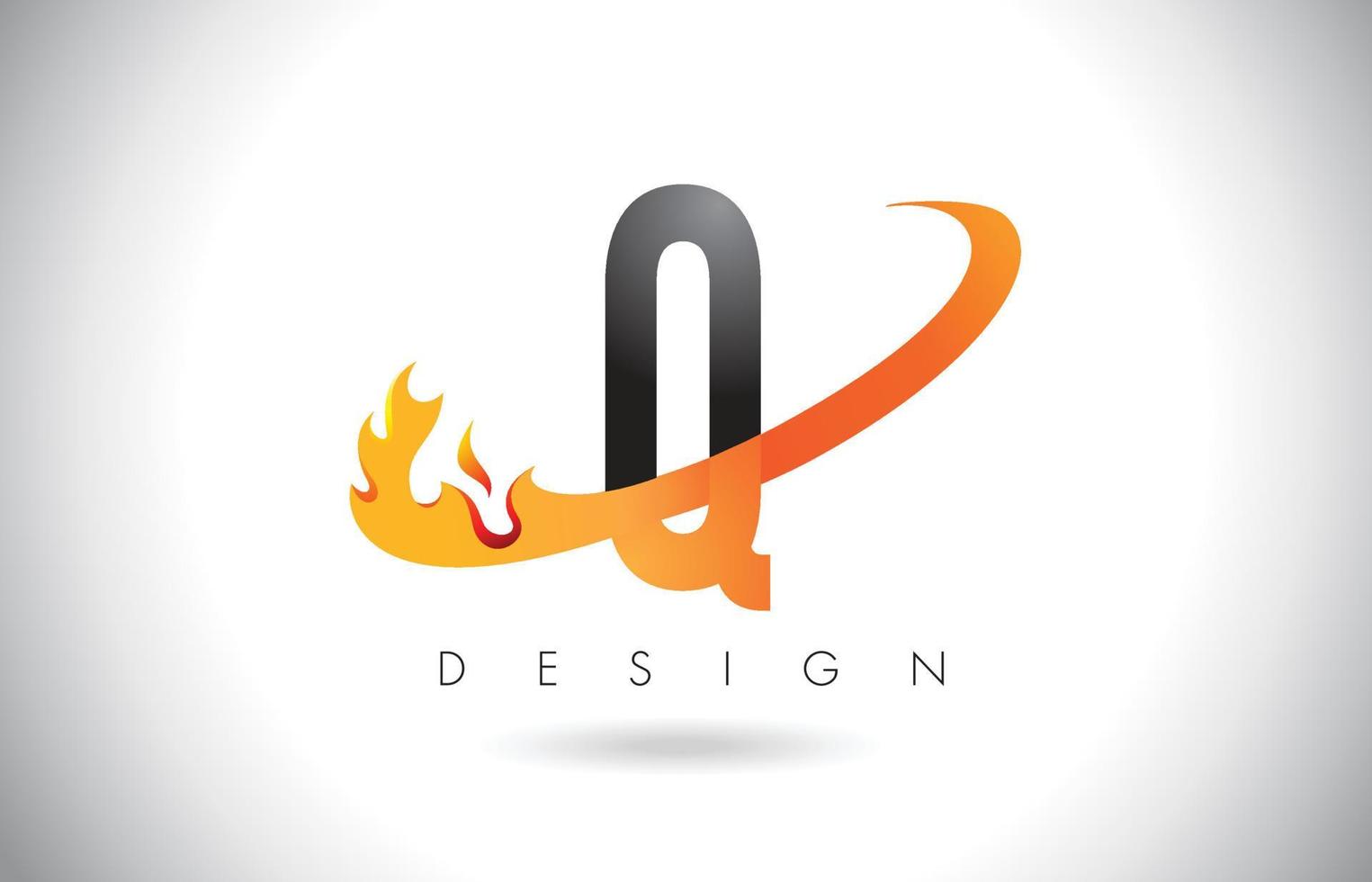 Logo de letra q con diseño de llamas de fuego y swoosh naranja. vector