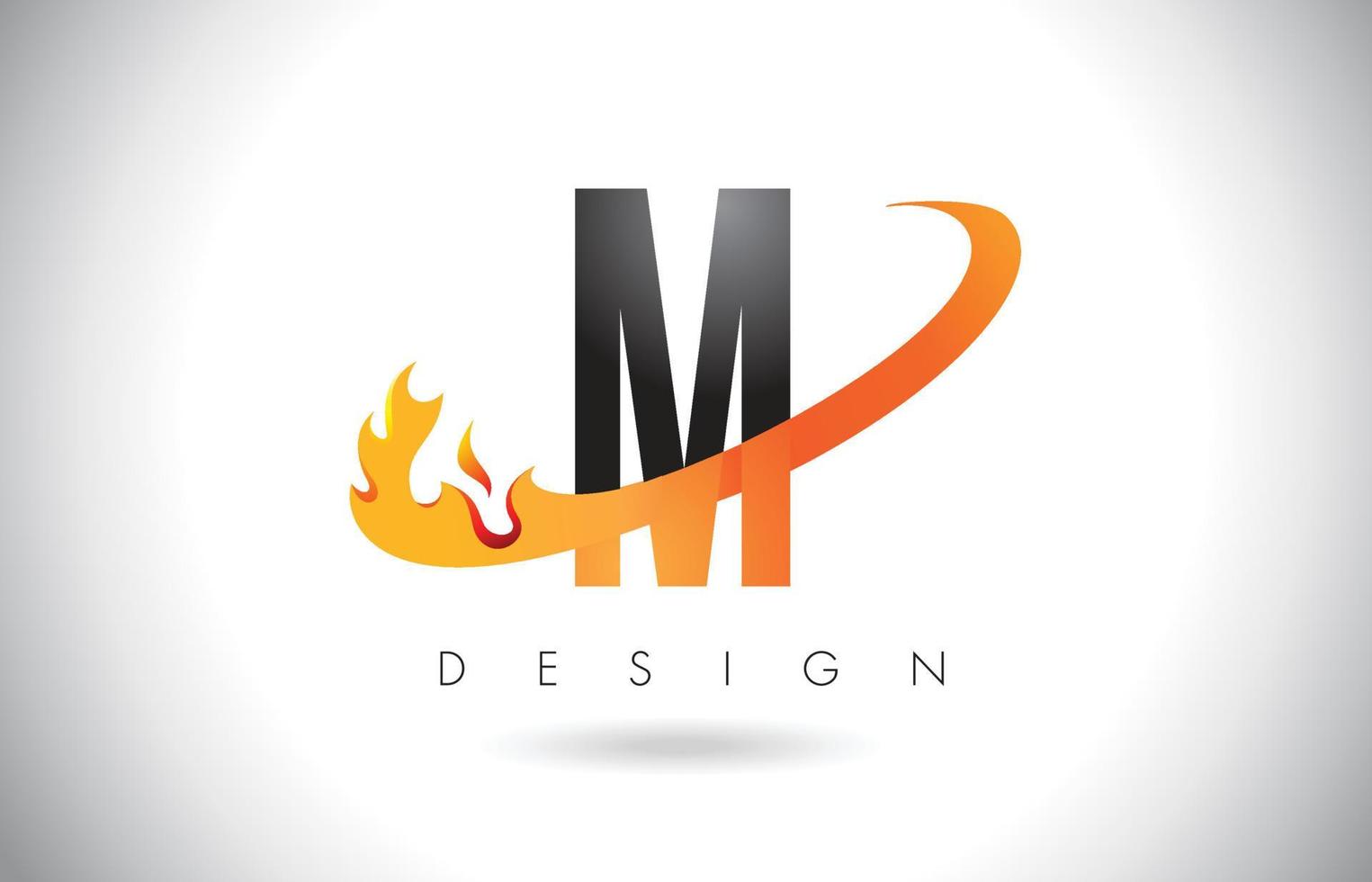 Logo de letra m con diseño de llamas de fuego y swoosh naranja. vector