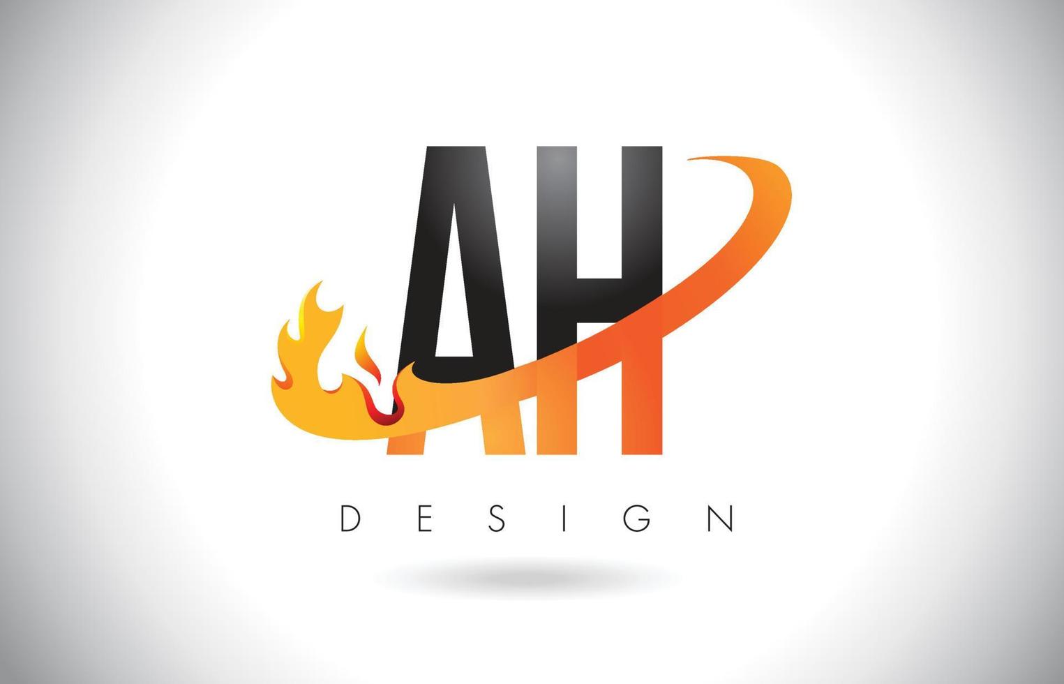 Logotipo de letra ah ah con diseño de llamas de fuego y swoosh naranja. vector