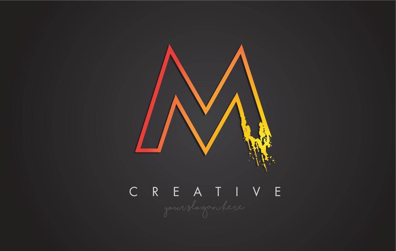 Diseño de letra m con contorno dorado y textura de pincel grunge. vector