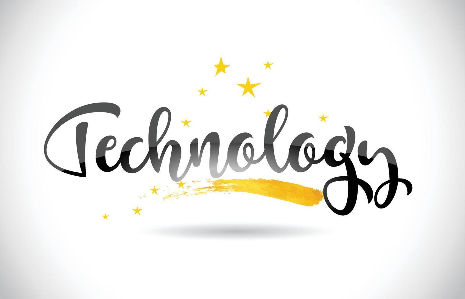 Technology Word Vector Text with Golden Stars Trail and Handwritten Curved Font.