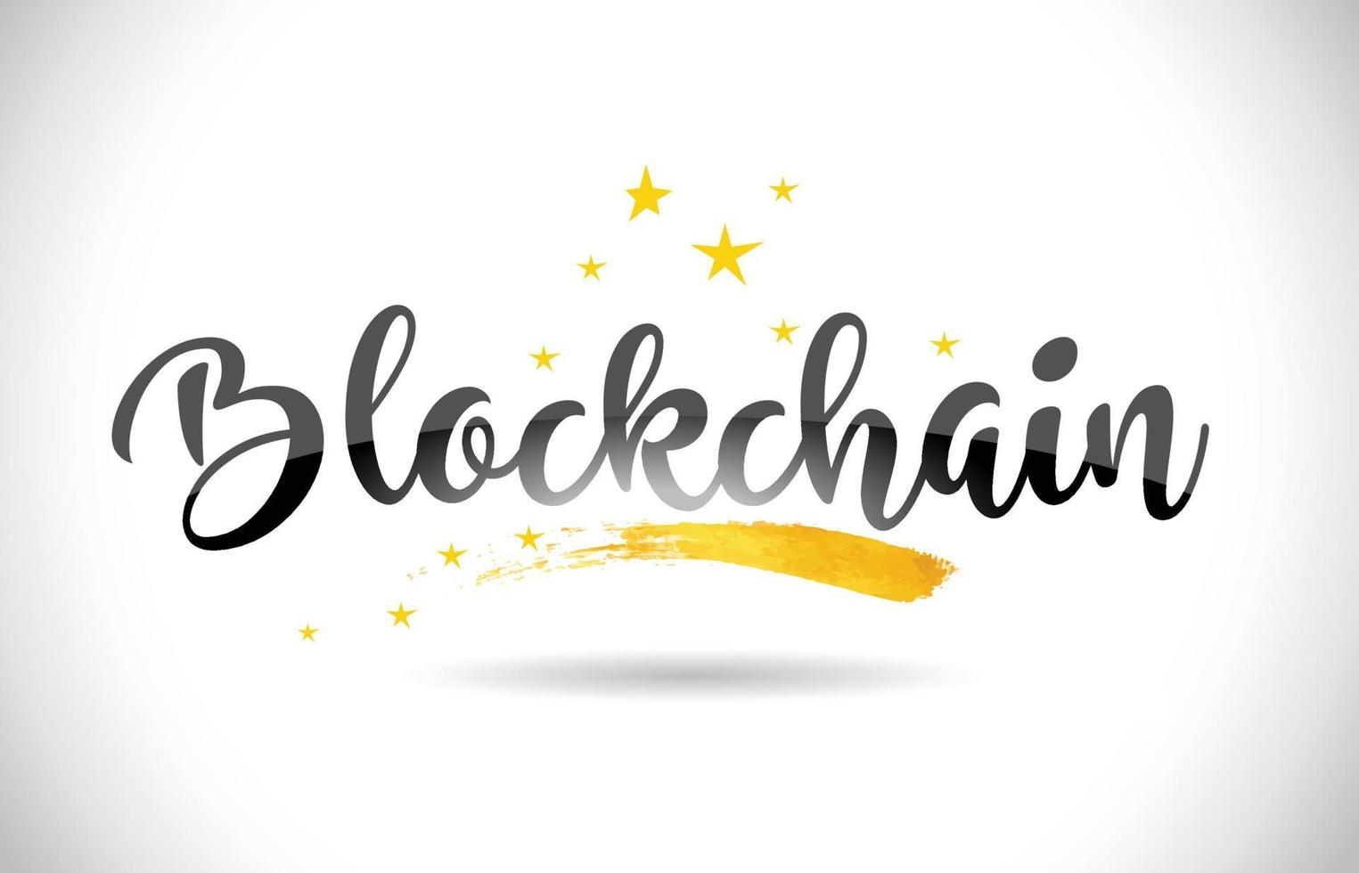 Blockchain Word Vector Text with Golden Stars Trail and Handwritten Curved Font.