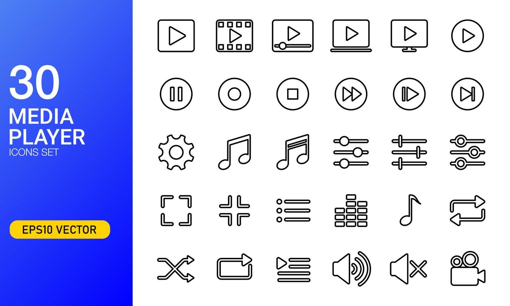 Set media player button icon in thin line. Player button, play, pause, and audio video player icon. Suitable for design element of multimedia player software user interface button. vector