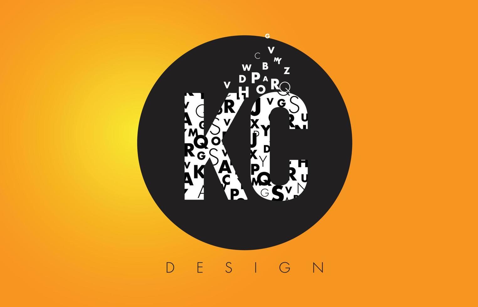 KC K C Logo Made of Small Letters with Black Circle and Yellow Background. vector